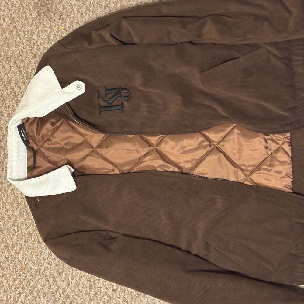 Karl Jacobs Men's Brown Corduroy Full Zip Jacket with Cream Collar